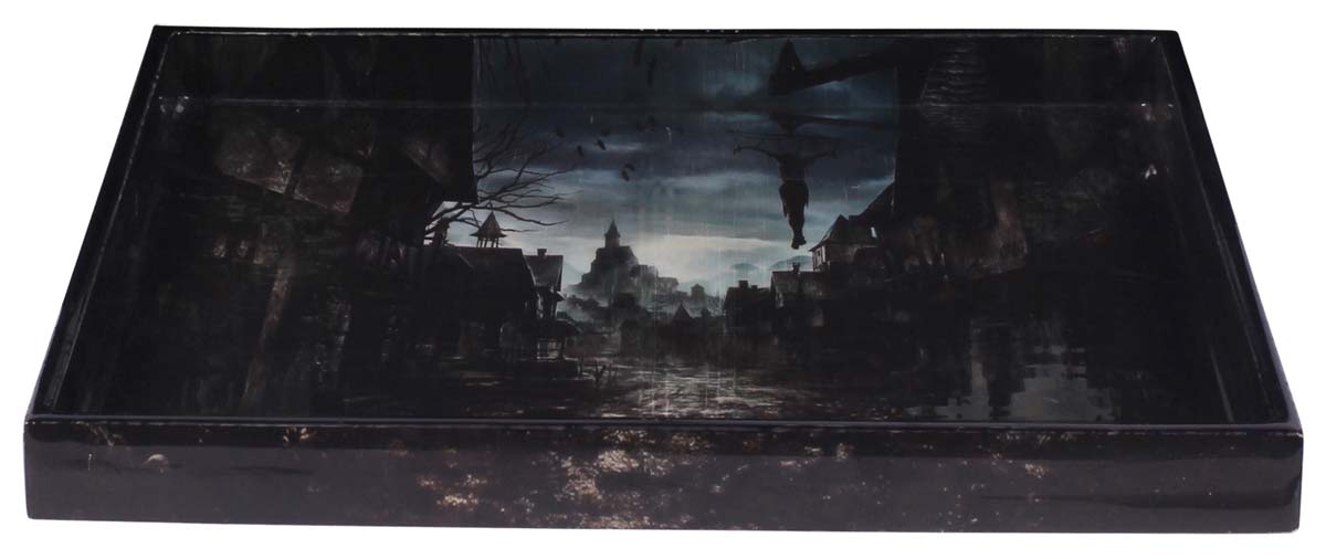 Buy in Bulk Wholesale Serving Tray in MDF - Black - 12” Hand-Crafted Decorative Tray with ‘Mysterious Halloween-Scene’ Pattern - Classic Serve-Ware/Decor from India